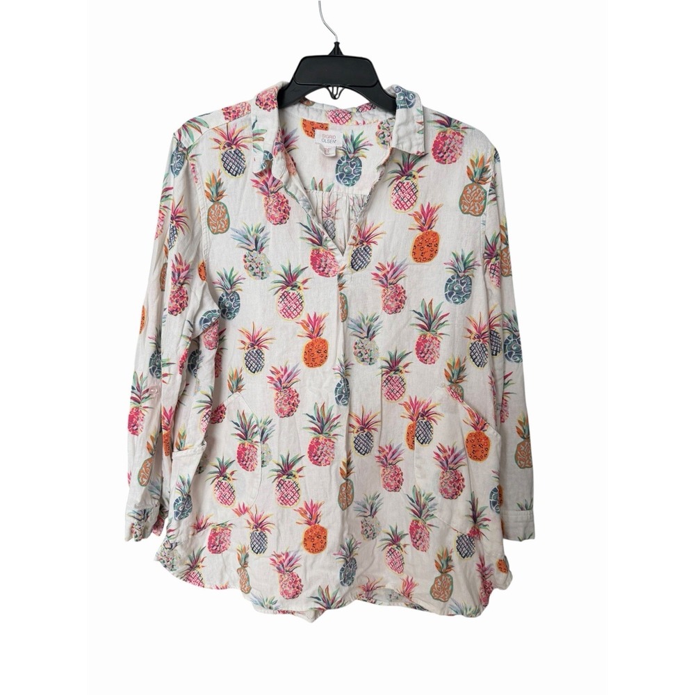 SIGRID OLSEN Shirt Women's XL Pineapple Print Linen Blend Tunic Top XX-3
